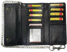 Genuine Cowhide Leather Trifold Long Chain Motorcycle Biker Trucker Wallet RFID