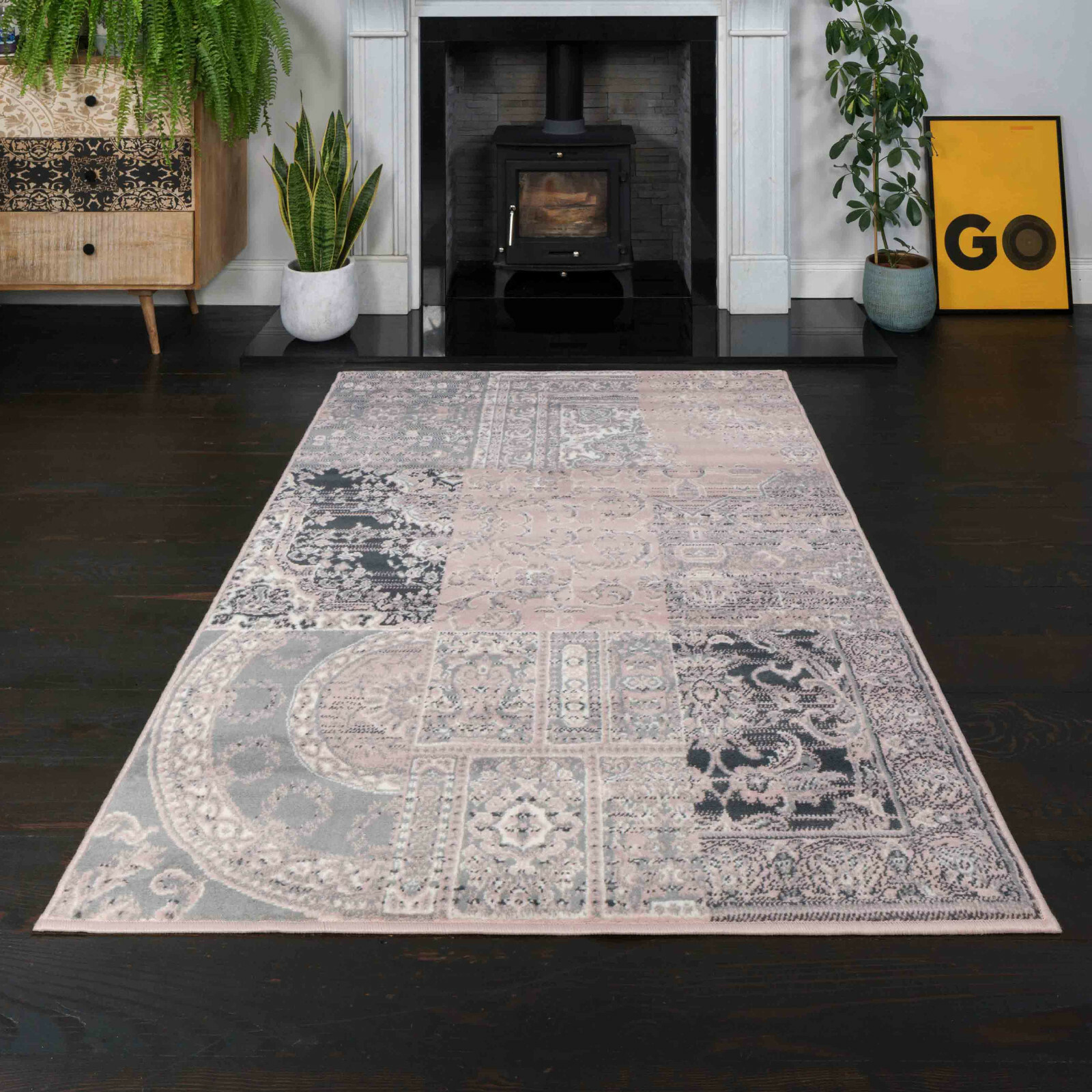 Blush Pink Rugs for Living Room Large Patchwork Grey Transitional Area