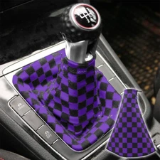 Universal Checkered Purple Fabric Gear Manual Shifter Shift Knob Boot Cover