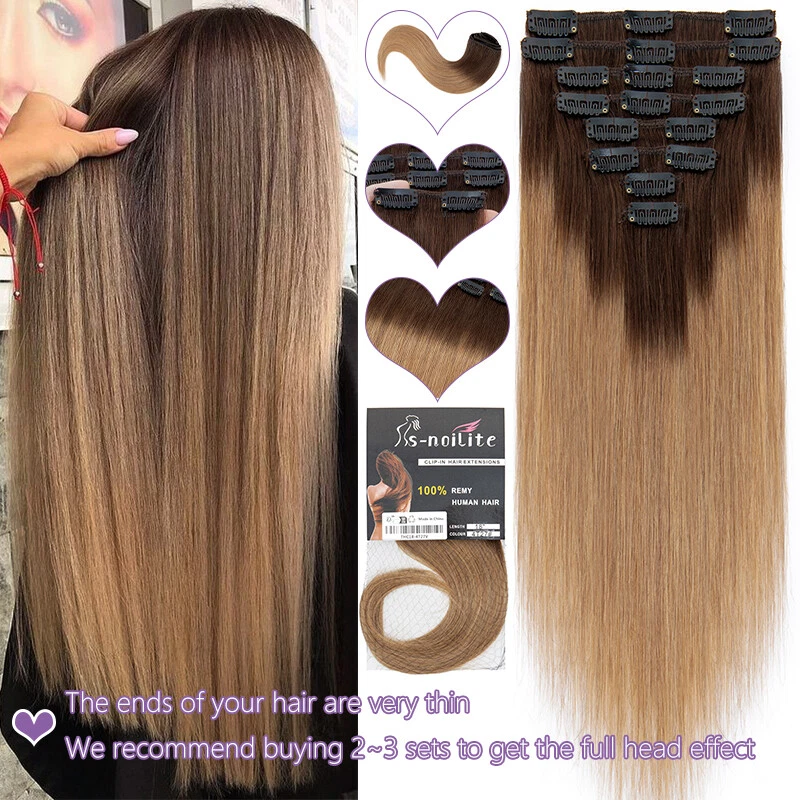 真人发夹 100% Remy 头发全头 8 件深棕色 — 第 3/4 张图片