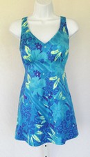VINTAGE 1970s 80s SWIMSUIT ONE PIECE BLUE FLOWERS OVERLAY SUPPORT BRA 38" BUST