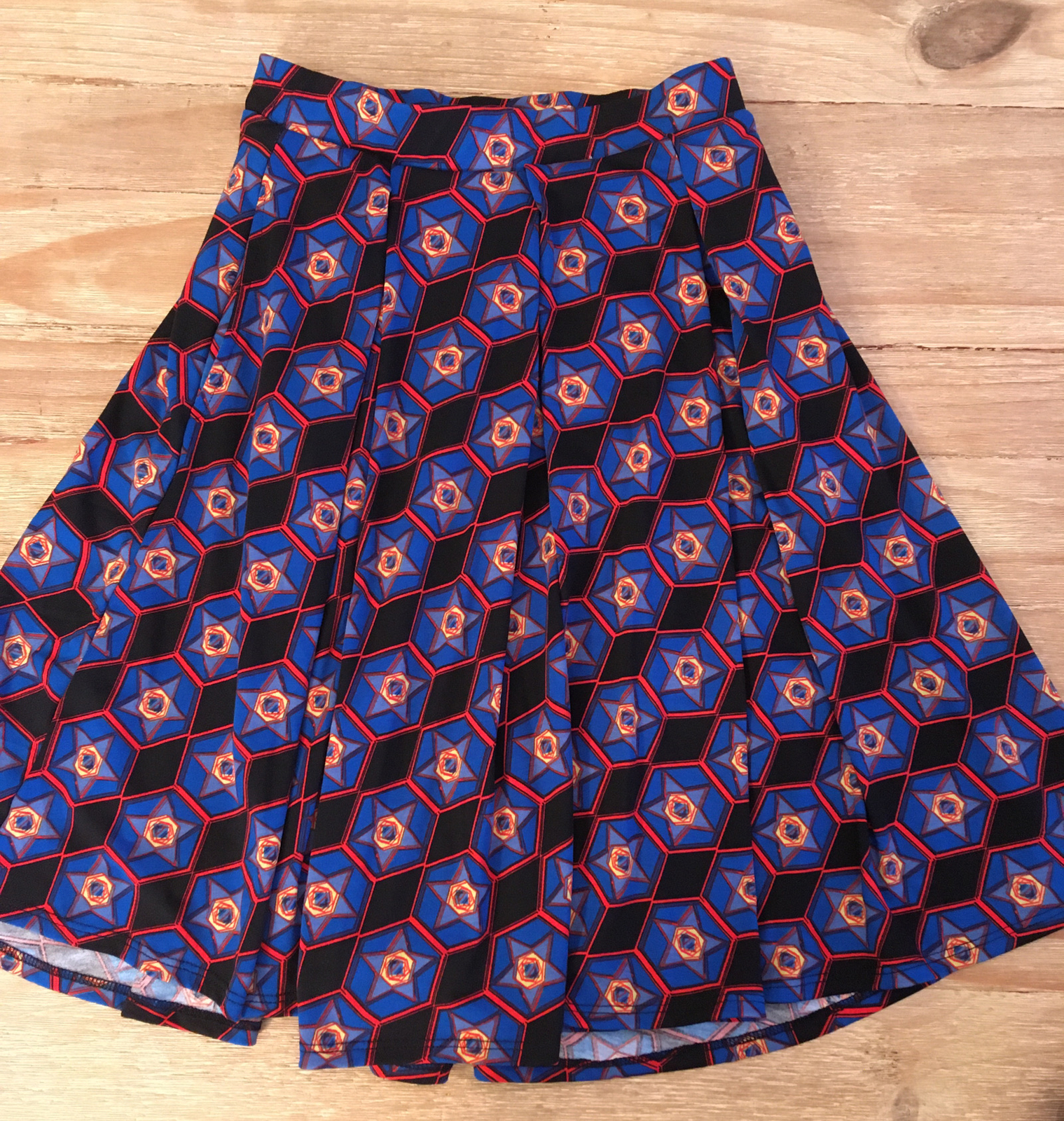 LuLaRoe  MADISON Skirt Size XS Blue Red Stars Yellow Pleated Pockets NEW