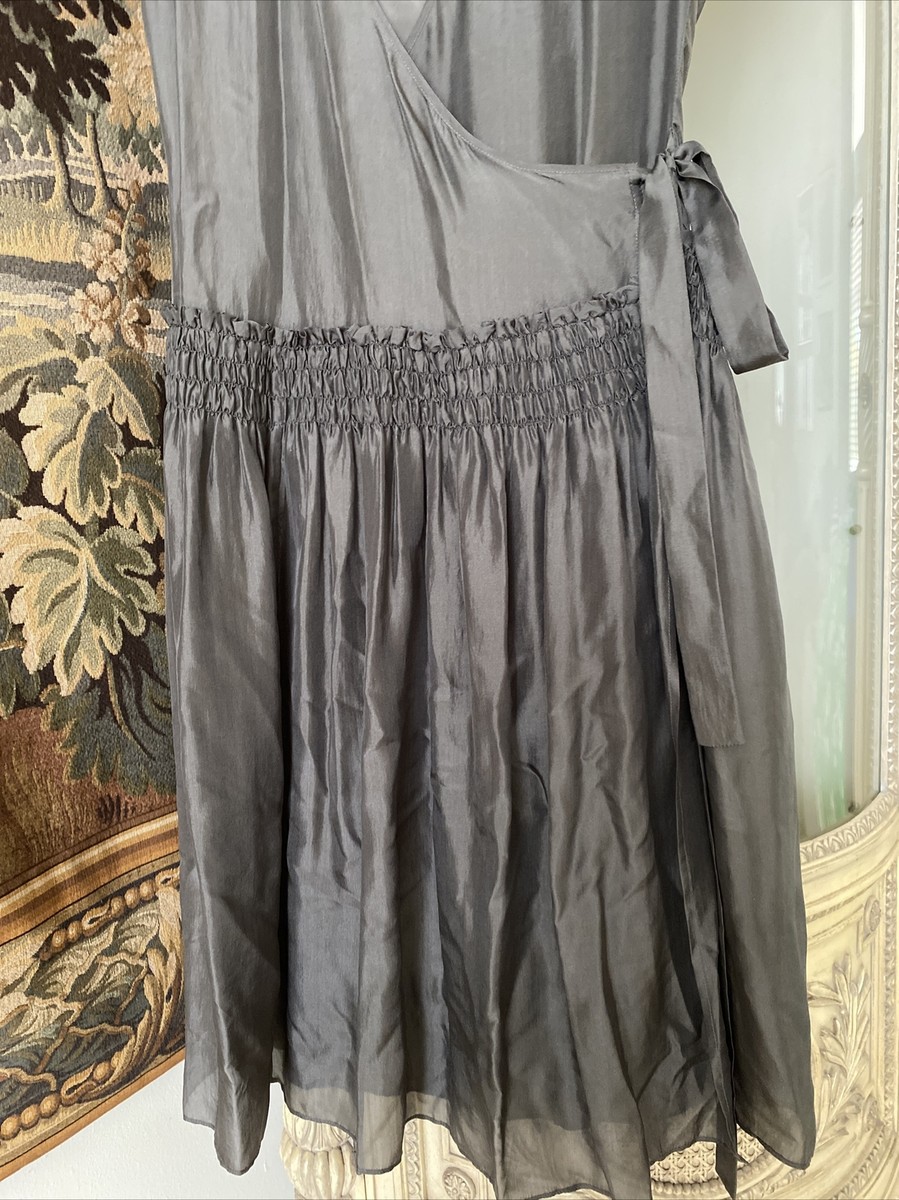 Donna Karan Gray silk Midi dress SZ 4 wrap smocked waist Side pockets  Pristine | eBay