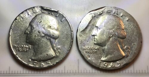 (2) 1965 Washington Quarter Fold Over Strike Collar Shimmy/Damage Error Coin