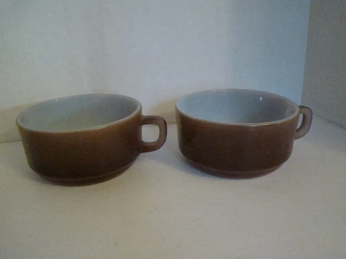 Pair Of Vintage Brown Anchor Hocking Fire King Soup Mugs