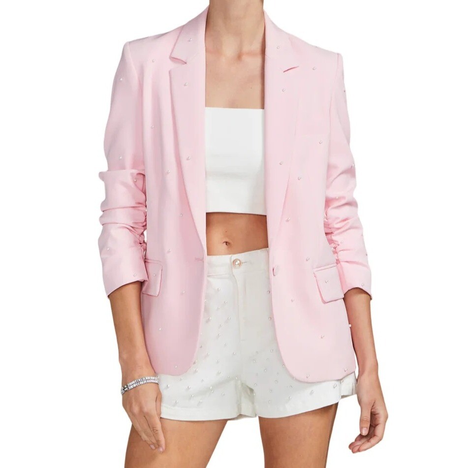 Generation Love Nadia Pearl Blazer Jacket Ruched Sleeves Pastel Pink Size XS NWT