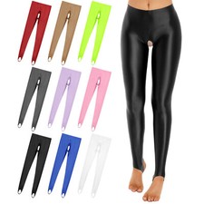 Womens Glossy Open Crotch Leggings Stretchy Mid Waist Elastic Waistband Pants