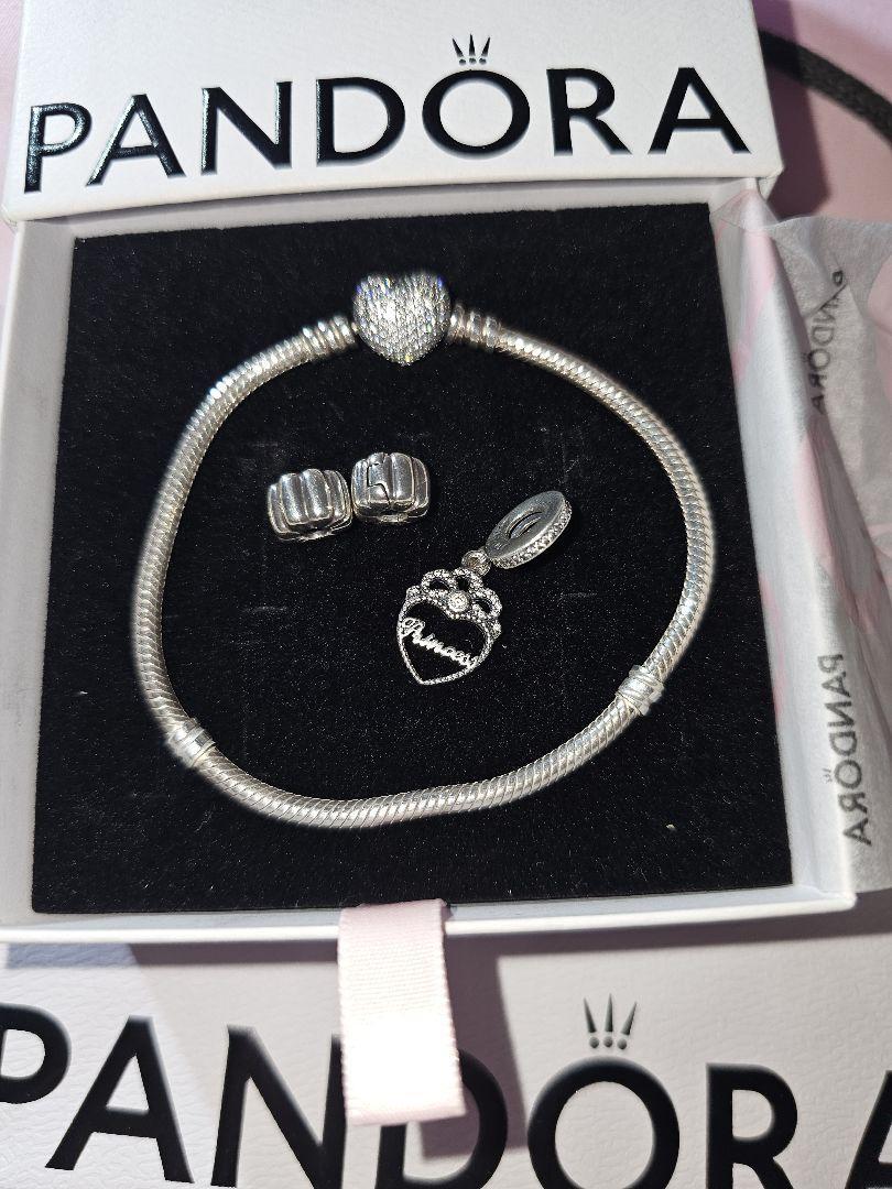 Pandora Bracelet 3 Charm Princess Crown Heart 925 Silver Retired Clip With Box