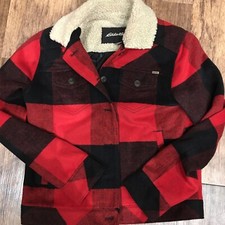 Eddie Bauer W Small Red/black Checked Wool Trucker Jacket Coat Double Breast