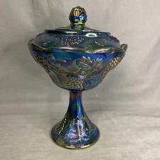 Vintage Indiana Blue Carnival Glass Harvest Grape Pedestal Compote Dish With Lid