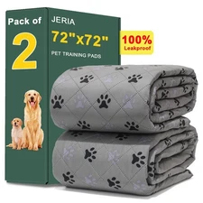 JERIA 2 Pack 72"x 72" Waterproof Non Slip Wee Wee pad，Reusable Washable Pee Pads