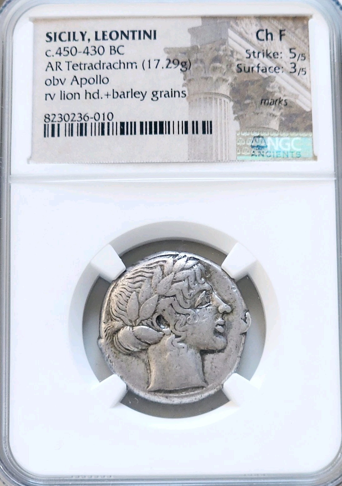 Sicily Leontini Tetradrachm Apollo & Lion NGC CH Fine Ancient Coin