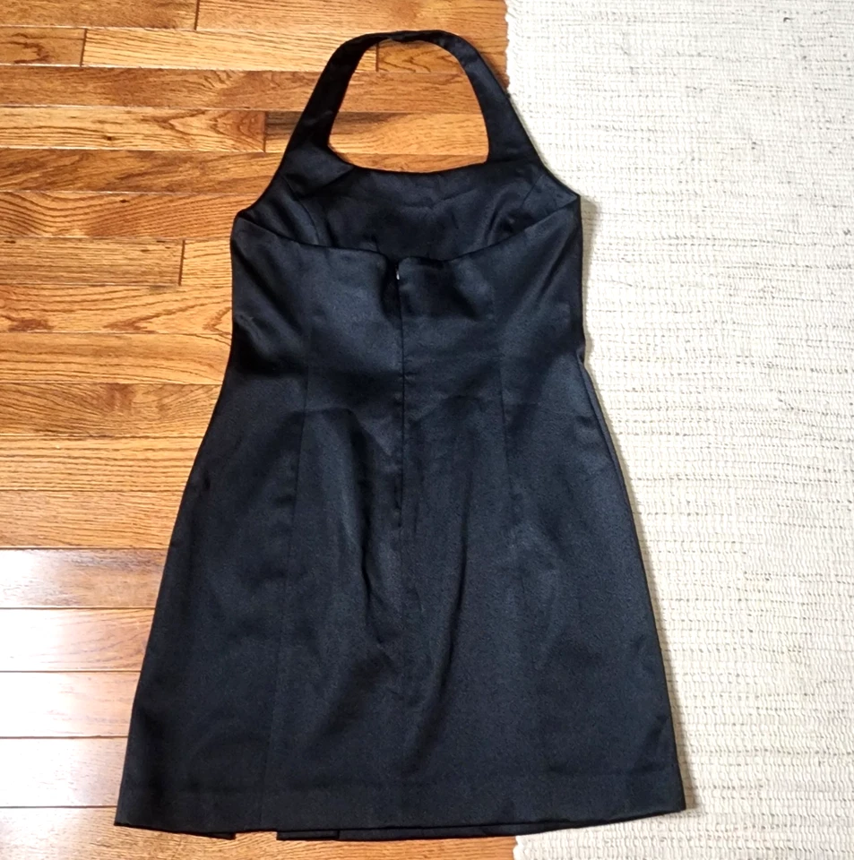 Y2K 90S Vintage Express Black Satin Dress Mini Halter Slit Party USA 7/8 - Image 2 of 4