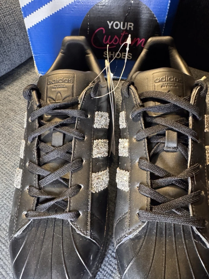 Nuevo con caja Adidas Zapatos Superstar Negros Dedos Concha Brillante Personalizados Plata Brillo Rayas Foto 4 de 4