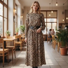 Loft Leopard Print Midi Dress Long Sleeve Smocked Waist Animal Print Brown Small