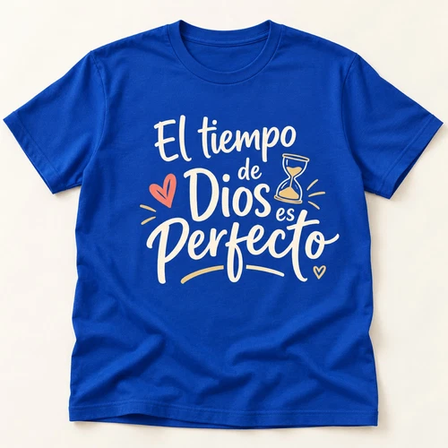 El Tiempo de Dios Es Perfecto Spanish Christian Front Print Royal Blue Tee - product listing photo