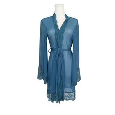 Vintage Teal Fairycore Lace Trim Mesh Robe Y2K Coquette Boudoir Peignoir