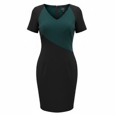 Adrianna Papell Women Black Teal Colorblock V-Neck Sheath Chic Y2K Dress Size 10