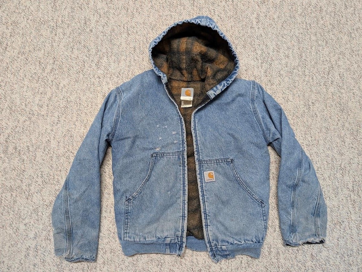 vintage 1990s blue CARHARTT jean jacket XS hooded DENIM lined