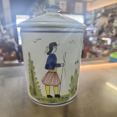 Quimper Mistral Blue Round Canister with Lid Man Design Motif 6'' x 4''