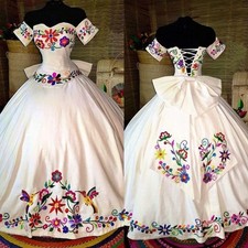 White Off Shoulder Colorful Floral Ball Gown Quinceanera Party Evening Dresses