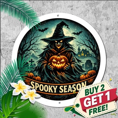 Halloween Witch Flying Broom Glow Effect Theme Round Metal Sign Spooky Plaque