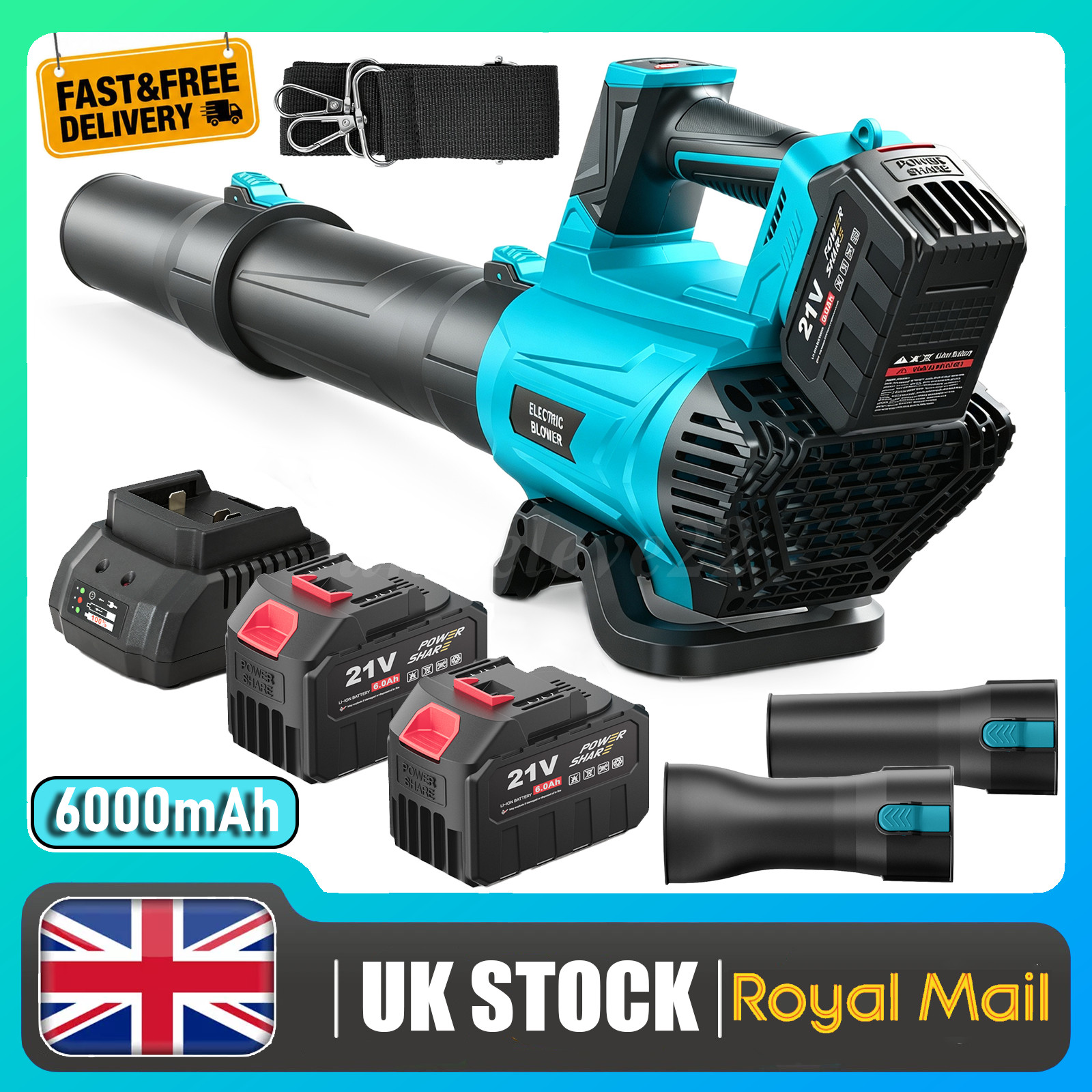 2000W 21V Cordless Electric Leaf Blower Brushless 6 Speed with 2 Battery&Charger