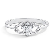 925 Sterling Silver Size 2-5 Religious Tiny Cross Cubic Zirconia Heart Ring Band