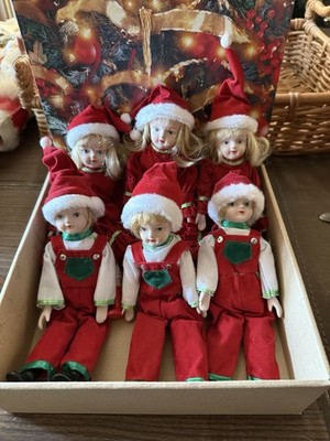 Vintage Bisque Christmas Dolls 1930's Red Velvet Clothes Six Dolls In Nice Box
