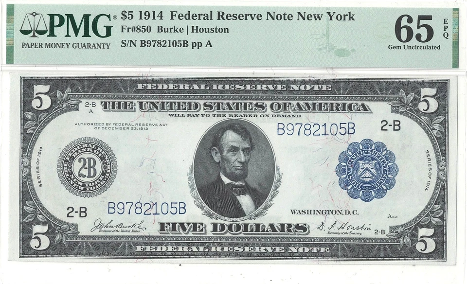 1914 $5 Federal Reserve Note Fr-850 PMG Gem CU-65 EPQ - Image 2 of 3