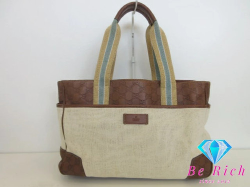 GUCCI 161770 GG Shima Leather Canvas Beige Brown Women's Handbag #PB15940