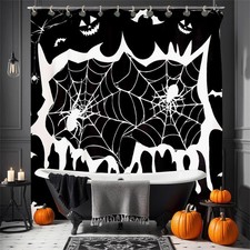 Halloween Shower Curtain Black,Spider Web Skull Shower Curtain Sets with Hook...