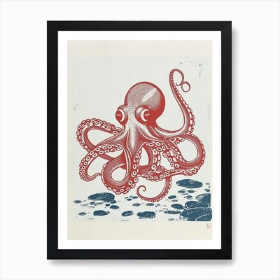 Octopus On The Ocean Floor With Roc Framed Wall Art Poster Canvas Print Picture