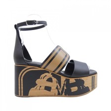 Hermes Karis Platform Sandals Tattoo Calfskin Black Brown Heel 3.1in EU 37 Japan