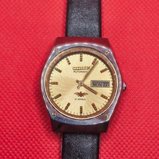 Vintage Citizen Automatic 21 Jewels Men's Watch Gold Dial Day Date Leather