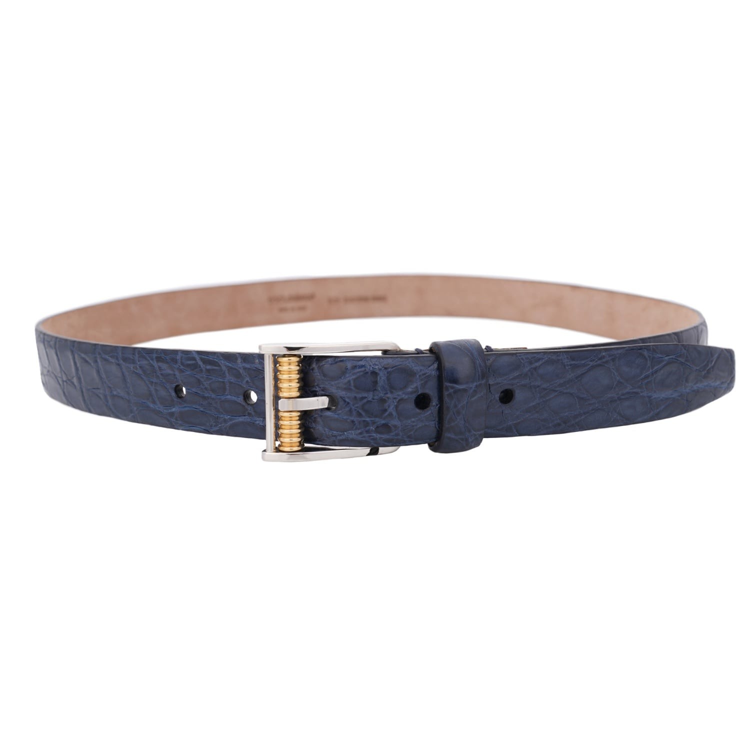 DOLCE & GABBANA Silver Gold Metal Buckle Croco Leather Belt Blue 85 34