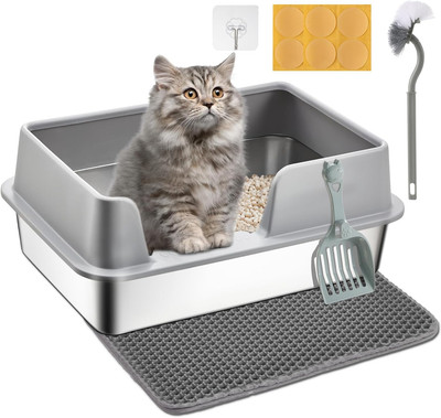 Papettly Katzentoilette Edelstahl, Litter Box Katzenklo, Halbgeschlossen Katzenk