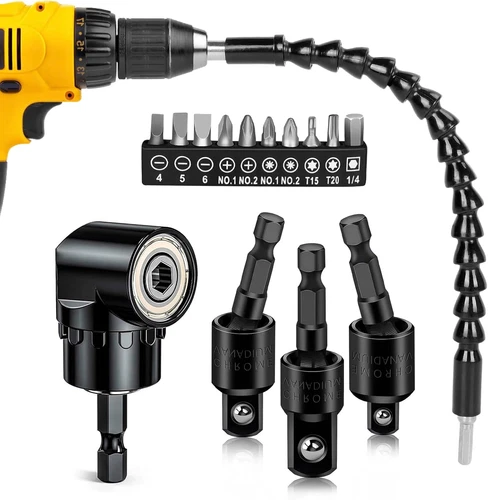 Flexible Drill Bit Extension Right Angle Drill Attachment Set, 360° Rotatable