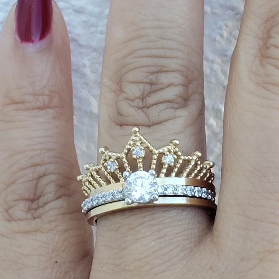 1 quilate 2 piezas oro 14k redondo solitario compromiso chaqueta guardia anillo conjunto talla 7 Foto 4 de 4