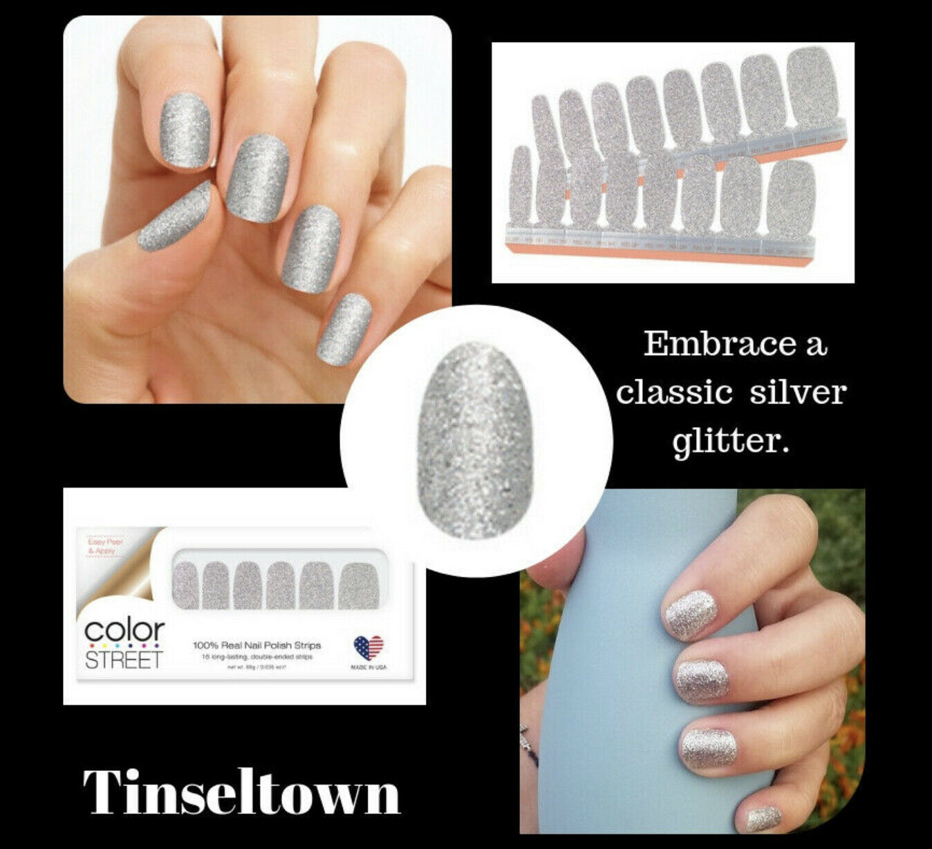 Color Street Real Nail Strips TINSELTOWN Silver Retired & HTF Free Ship
