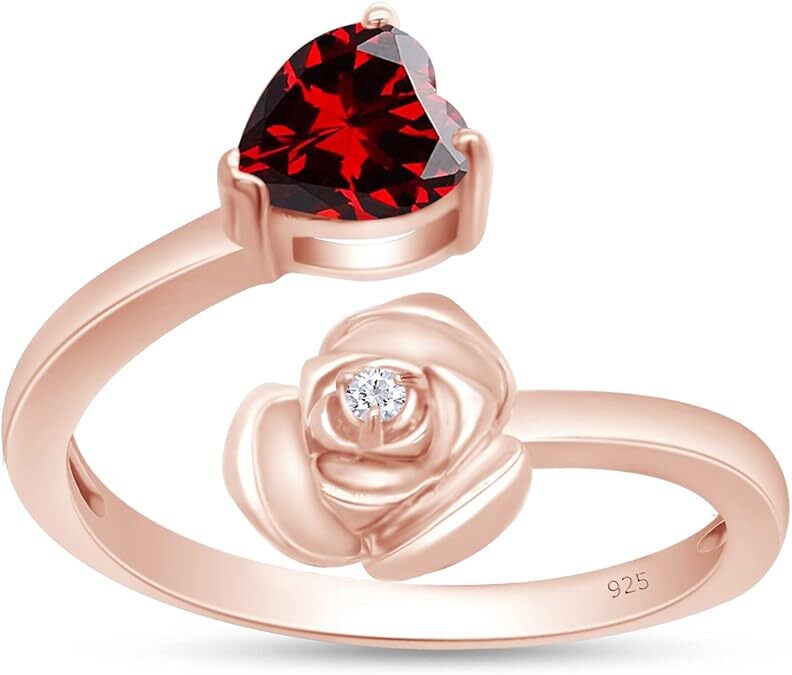 Heart & Rose Promise Ring Simulated Birthstones 14k Rose Gold Plated Sterling