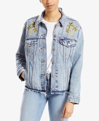 Levi's Ex-Boyfriend Trucker Jacket Palm Embroidered Denim Medium Blue Women s S
