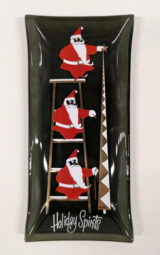 Vintage MCM Set of 2 Houze Art Glass Christmas Trays Santa, Christmas Tree - Picture 2 of 20