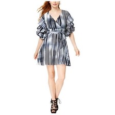 Bar III Printed Ruffle-Sleeve Wrap Dress Mirage Stripe