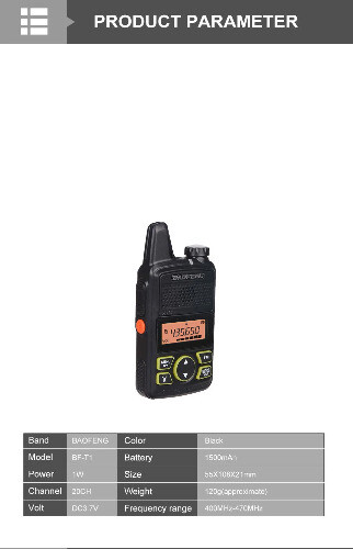 Walkie Talkie BF-T1 UHF 400-470MHz 5W Radio dwukierunkowe1500mAh 20CH Walkie Talkie - Zdjęcie 9 z 13