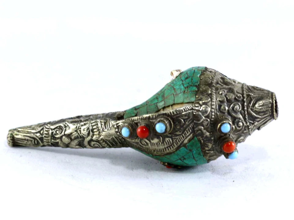 Tibetano Soplando Shankh Caracola Trompeta Cuerno Estatua Turquesa Azulejo Decoración del Hogar Foto 3 de 3