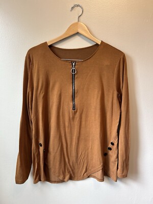 Women's Blouse Size Large Zipper Button Detail Casual Wear Pumpkin Rust Fall