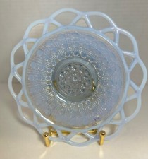 Antique Katy Blue Imperial Glass Laced Edged Footed Dish Opalescent 7.5”