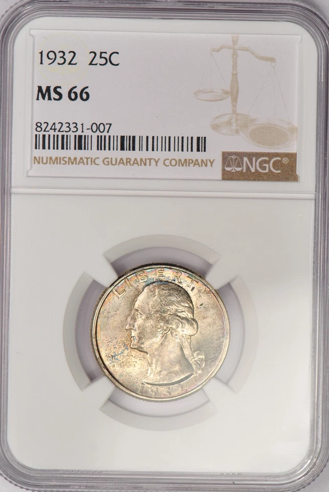 Moneda de plata 25C 1932 Tonificada Washington Quarter NGC MS 66 Tonificación Clara