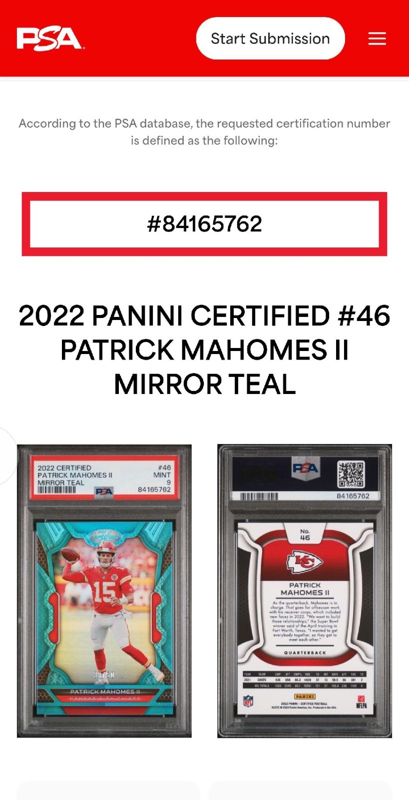 Patrick Mahomes 2022 Certified Mirror Teal  39/50 PSA 9 Kansas City Chiefs view 4